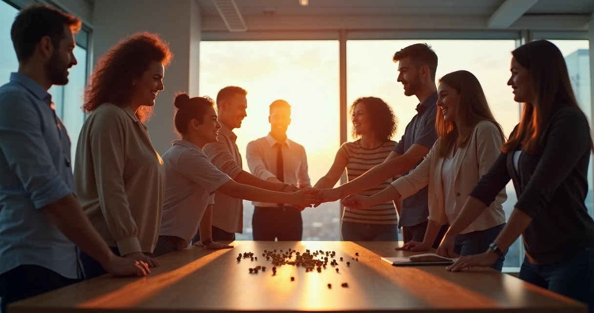 Time de empresa participando de ritual simbólico de encerramento de projeto