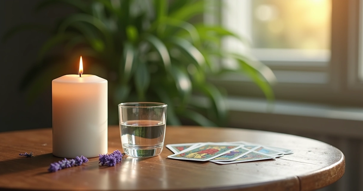 Mesa preparada com vela, incenso e copo de água para ritual financeiro 