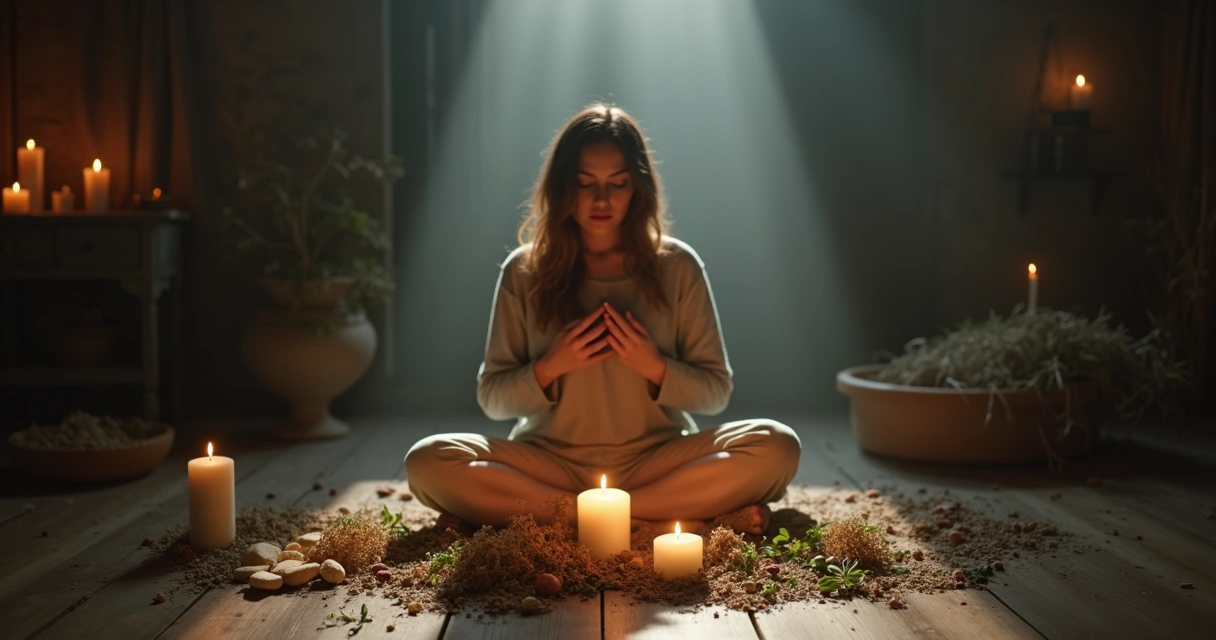 Pessoa em ambiente tranquilo realizando ritual com ervas e vela acesa