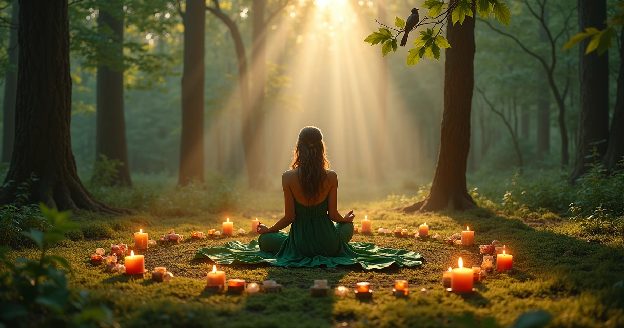 Pessoa realizando ritual em uma clareira de floresta, cercada por velas e folhas