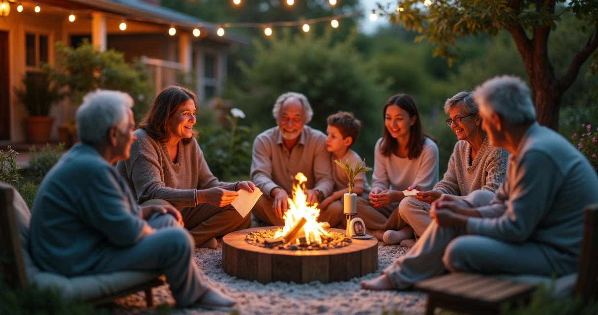 Família em volta de pequena fogueira ao entardecer realizando ritual de encerramento 