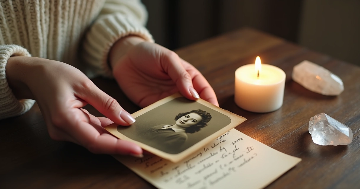 Mãos segurando foto antiga e vela acesa ao lado