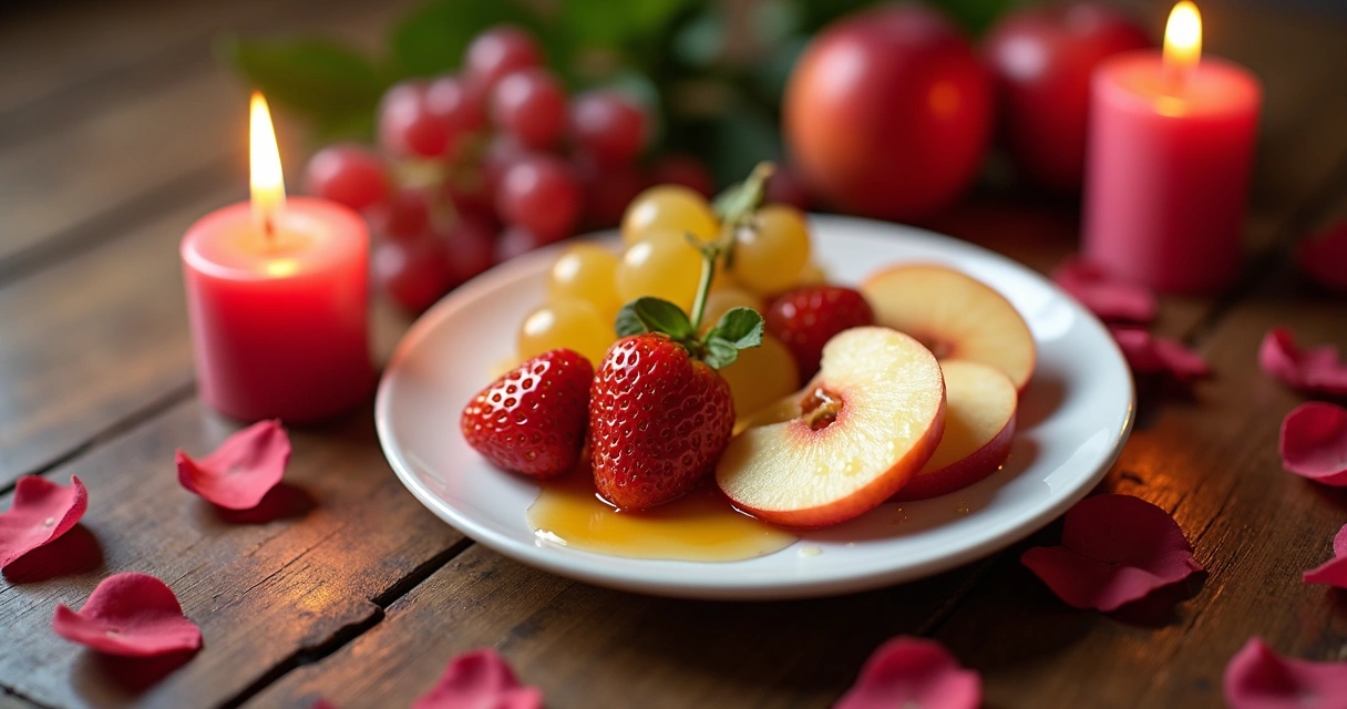 Frutas variadas em prato, mel escorrendo e velas em mesa de madeira clara 