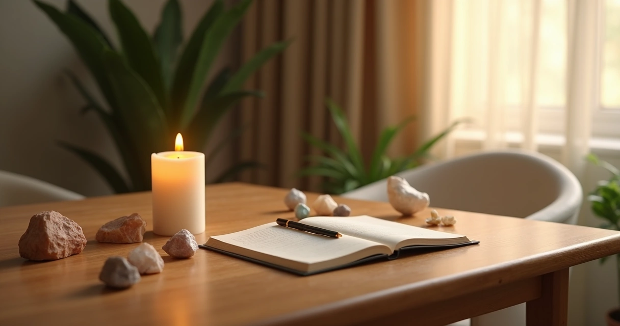 Mesa com vela acesa, cristais e caderno para ritual de gratidão 