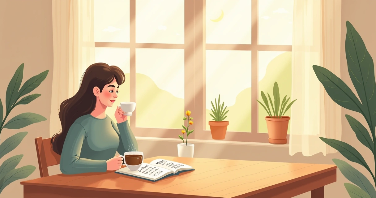 Pessoa tomando café em uma mesa de madeira com anotações de gratidão, em ambiente tranquilo e iluminado.