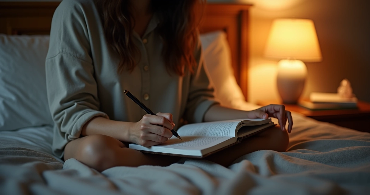 Pessoa escrevendo lista de gratidão em caderno sobre cama com abajur aceso 