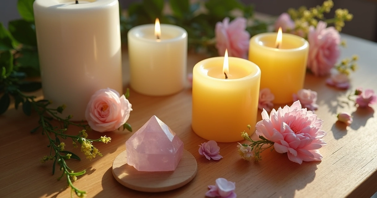 Velas acesas, cristal e flores frescas em um ritual de gratidão. 