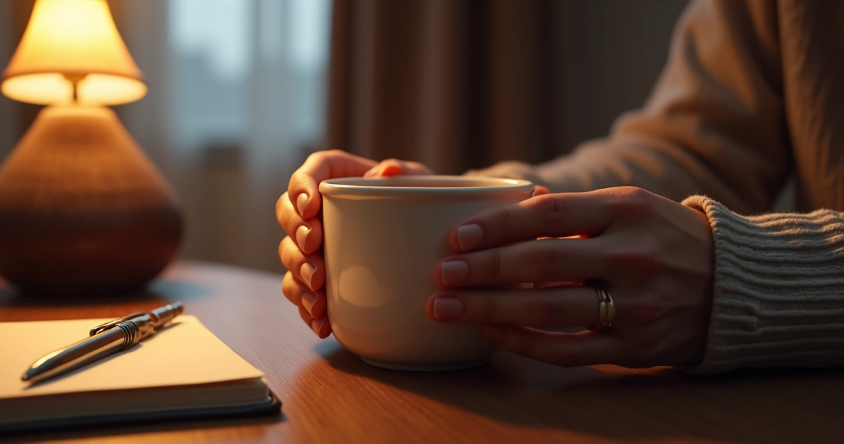 Manos sosteniendo una taza de té en luz tenue al anochecer. 
