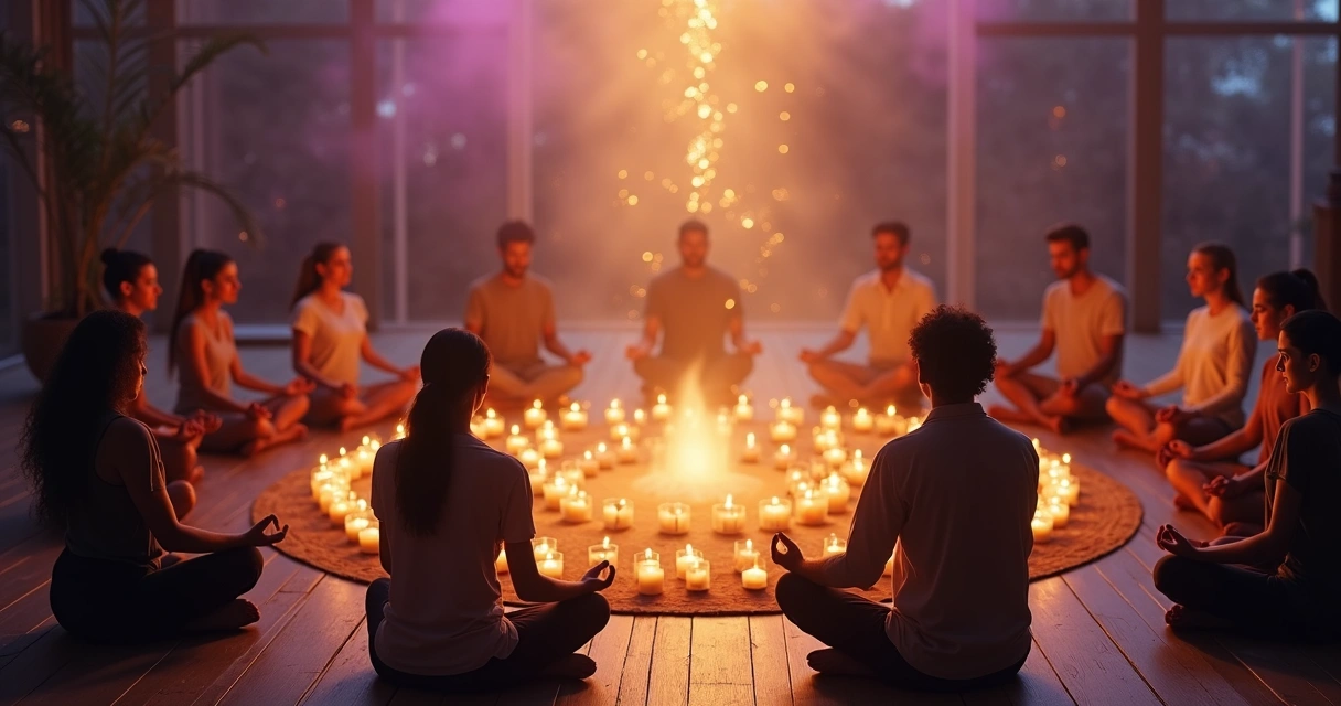 Grupo sentado em círculo com velas no chão, praticando ritual coletivo 