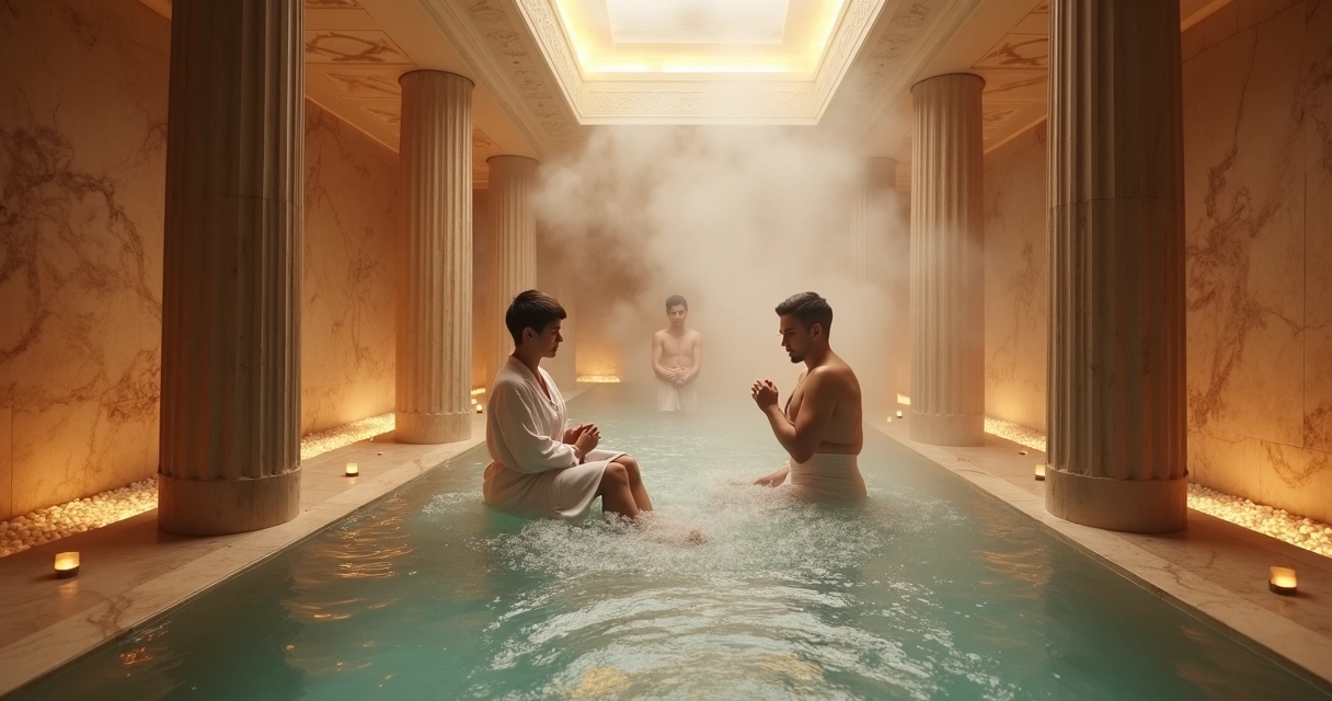 Atmosfera sofisticada do ritual Hammam em um spa moderno, com vapores e mármore claro. 