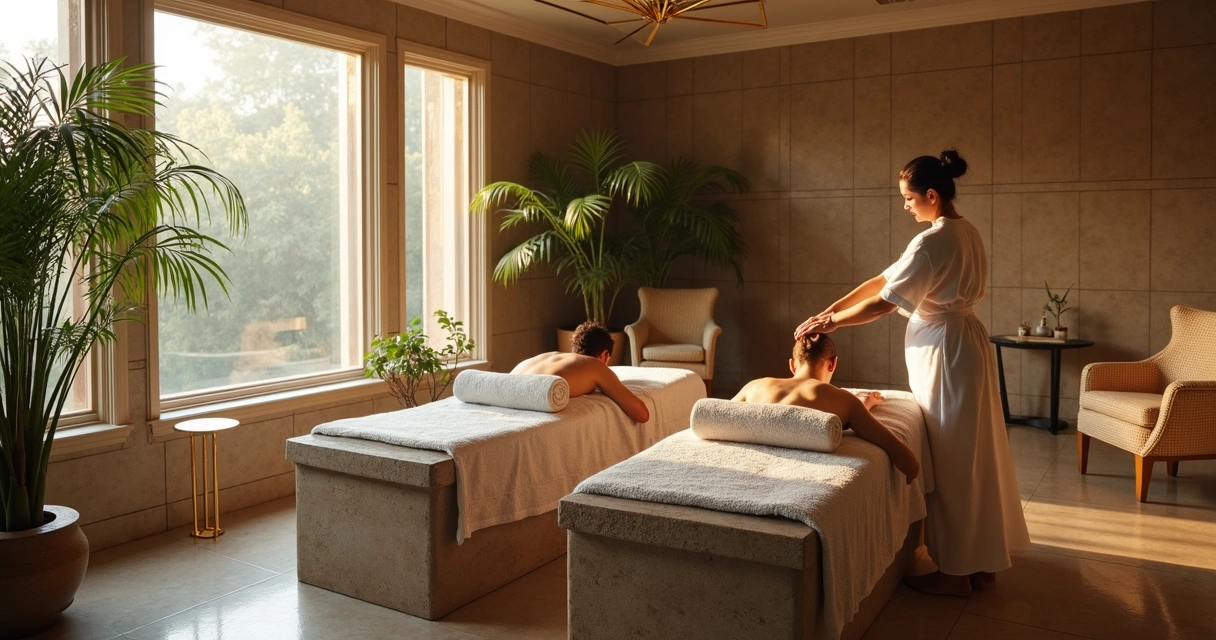 Terapeuta aplicando ritual Hammam em spa de luxo com detalhes históricos 