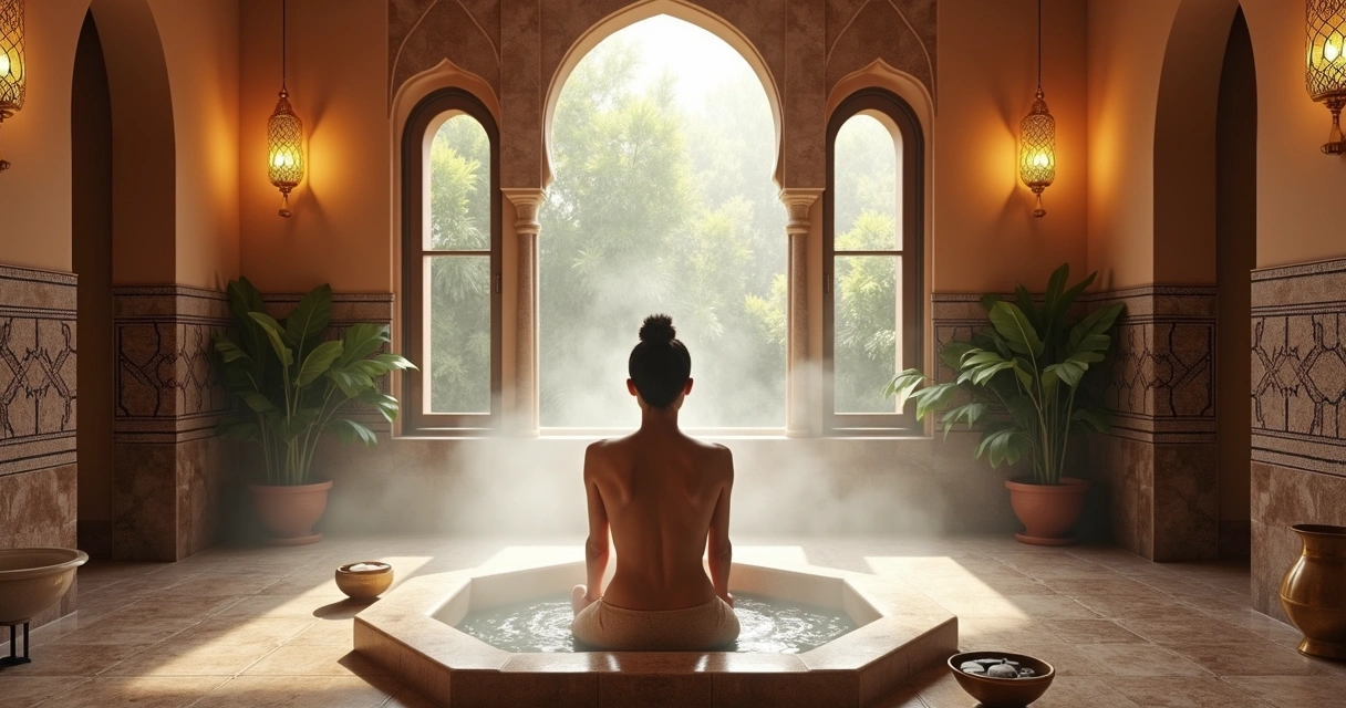 Ambiente de spa com banho a vapor e aplicação de esfoliante durante o ritual Hammam 