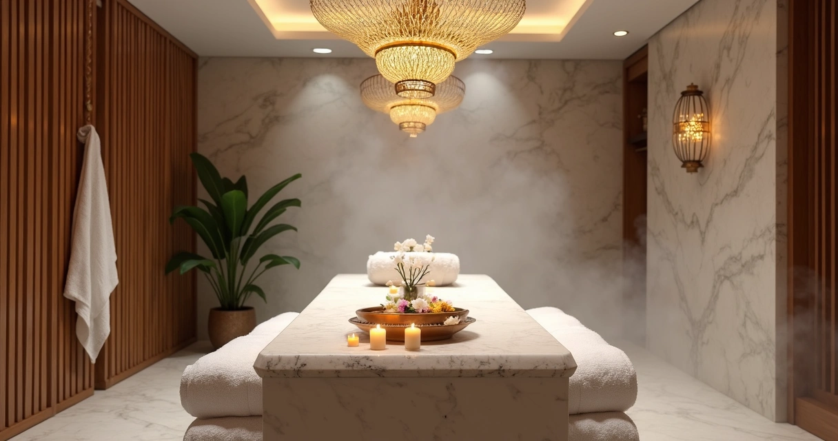 Ambiente de spa sofisticado com mesa de massagem e elementos de ritual hammam 