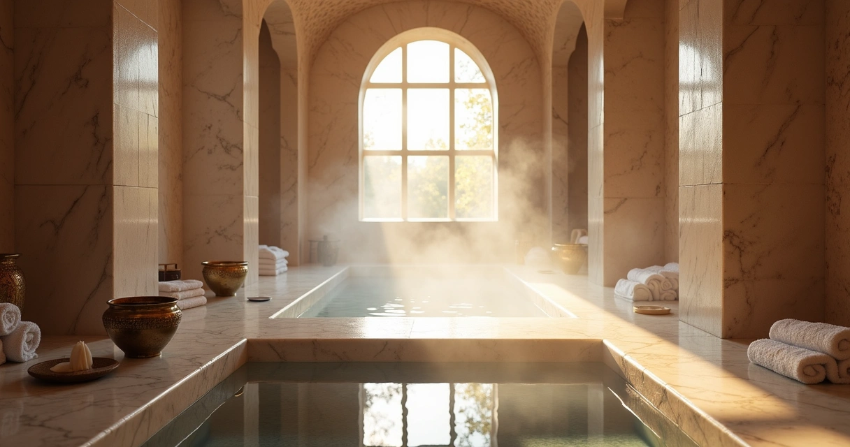 Sala de hammam moderna com detalhes orientais e vapor quente 