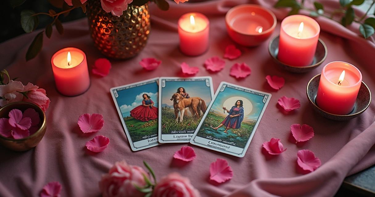 Mesa esotérica com baralho cigano, velas e flores rosa, promovendo harmonia amorosa 