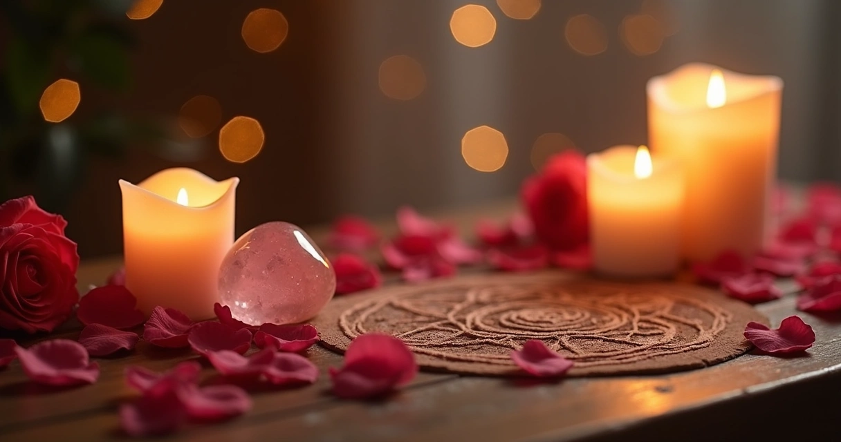 Itens de ritual para harmonização de relacionamento em mesa de madeira clara 