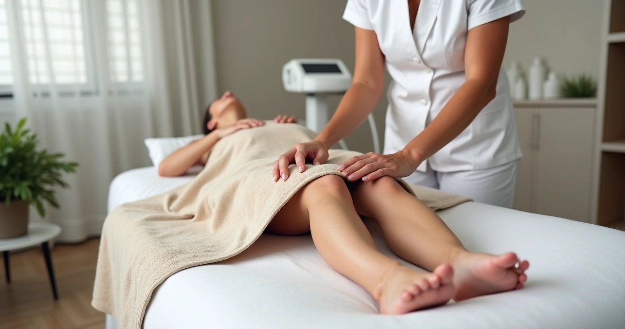 Profissional de estética aplicando hidratante nas pernas de paciente em maca de spa moderno 