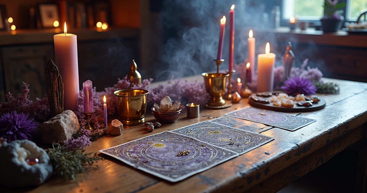 Mesa de ritual com ferramentas de diferentes tradições esotéricas 