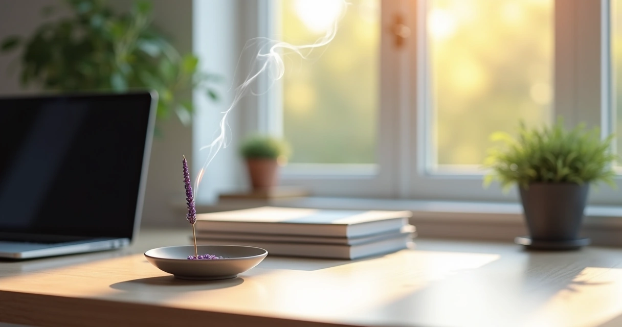 Incenso aceso em um suporte sobre mesa de escritório moderna.