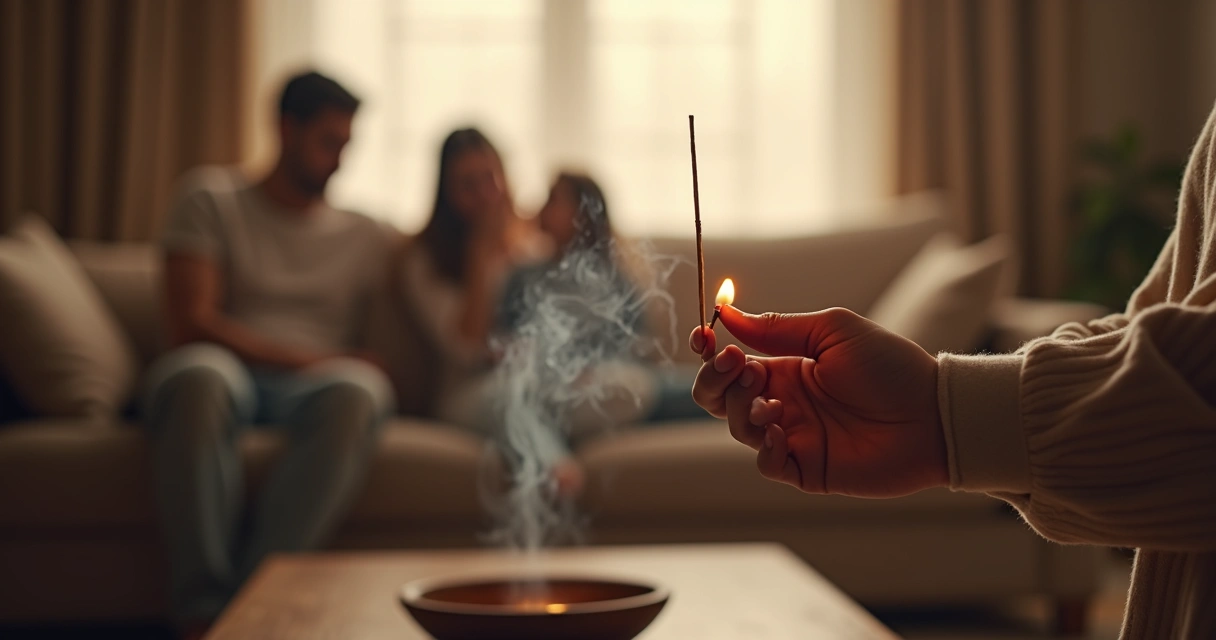 Pessoa acendendo incenso na sala com família ao fundo e luz suave