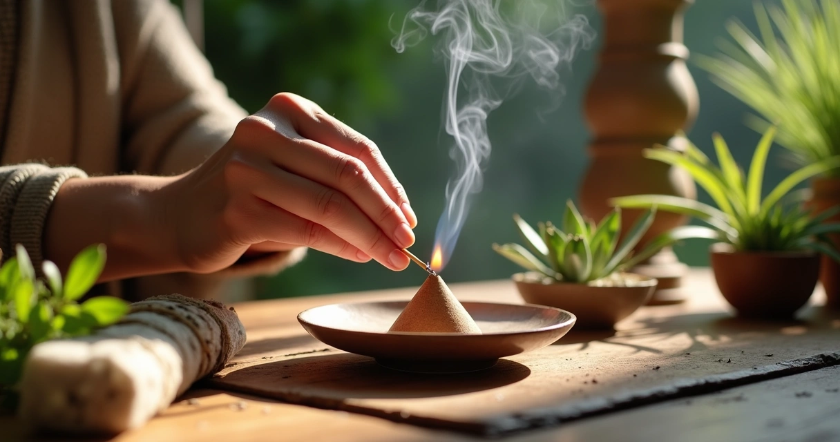 Pessoa acendendo incenso artesanal ao lado de cristais e plantas 