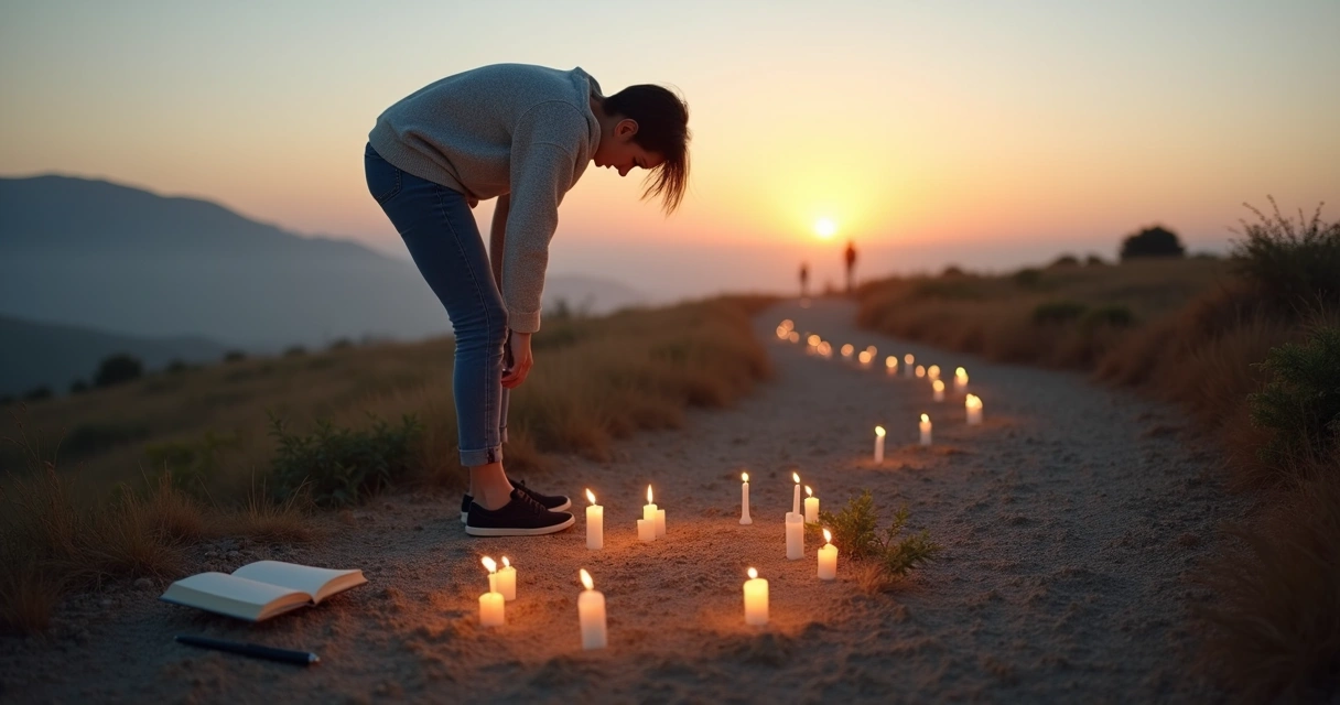 Persona de pie en un cruce de caminos marcando un círculo de velas pequeñas al amanecer 