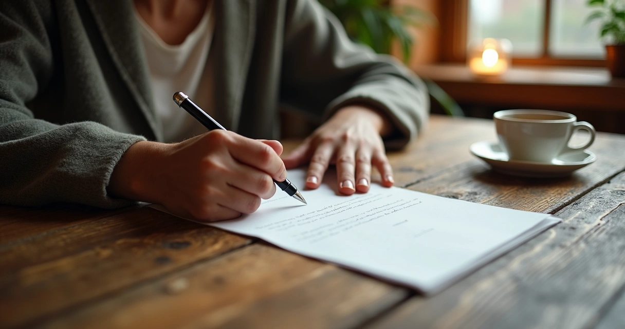 Pessoa escrevendo carta em mesa com luz suave, ambiente tranquilo 