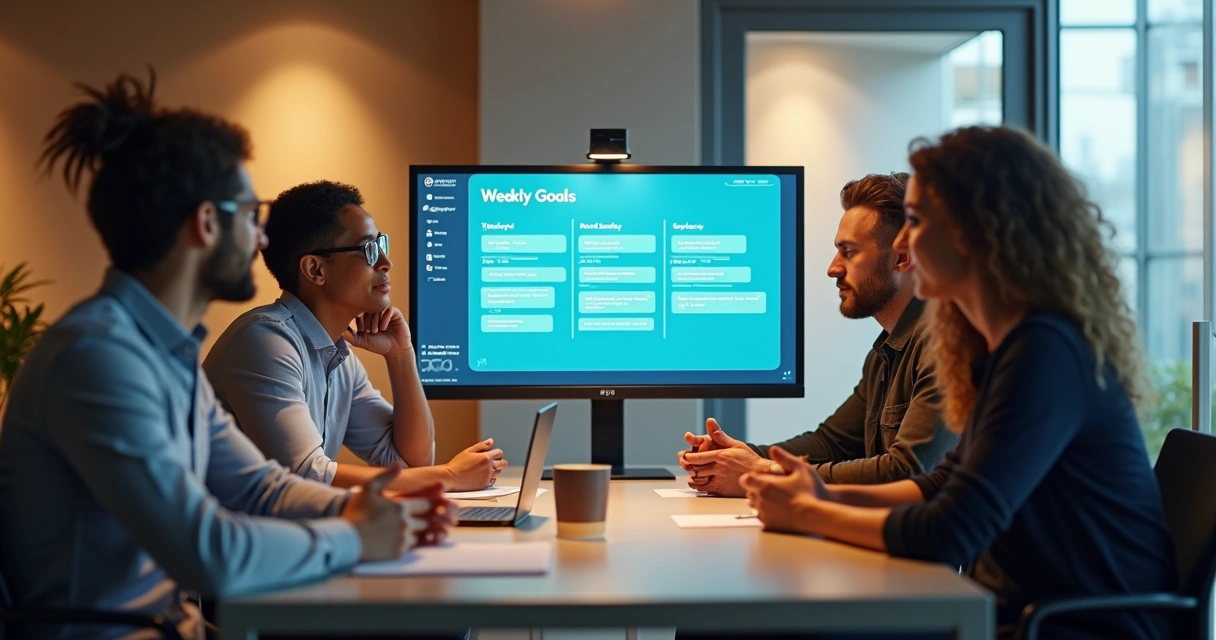 Equipe reunida em volta da mesa, apontando metas na tela de computador 