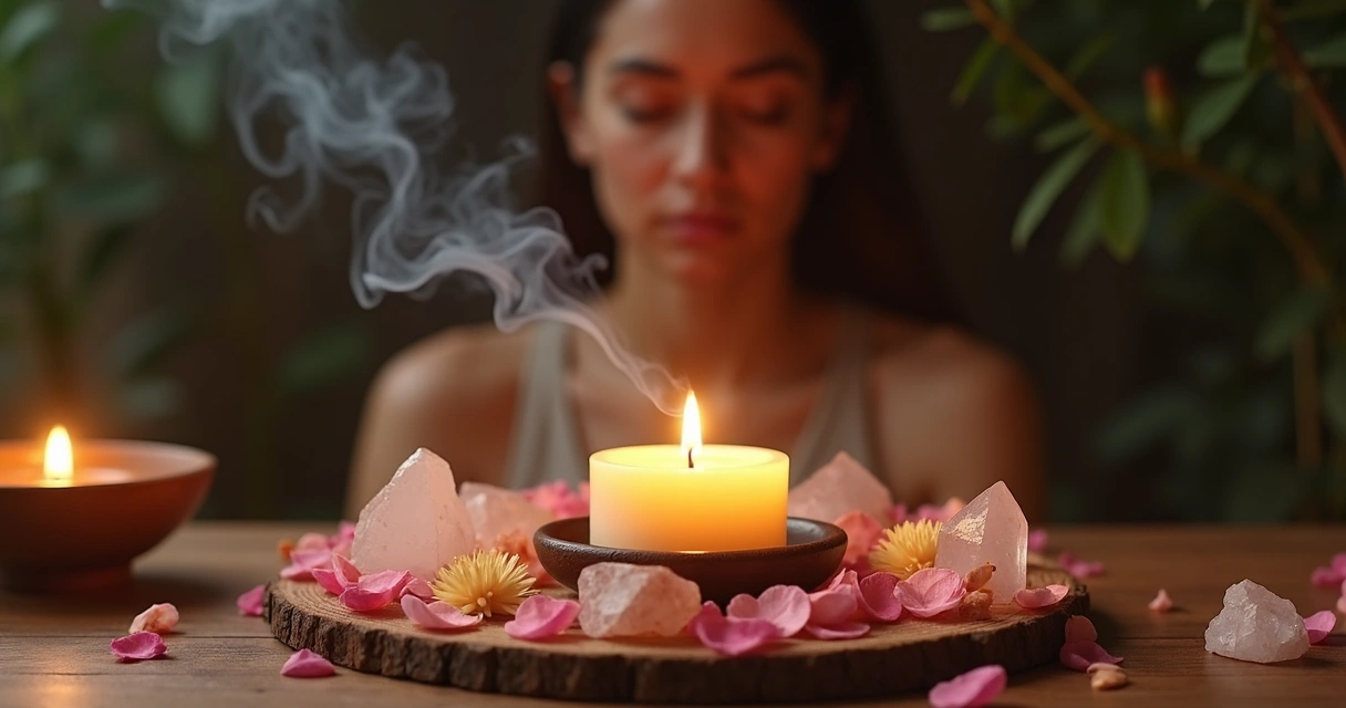 Vela acesa ao lado de flores e cristais em ambiente espiritualizado 