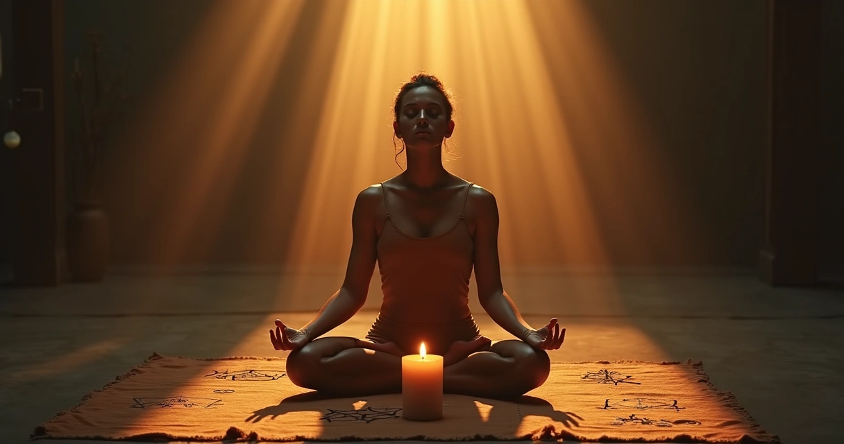 Pessoa meditando diante de vela acesa sobre toalha com símbolos 