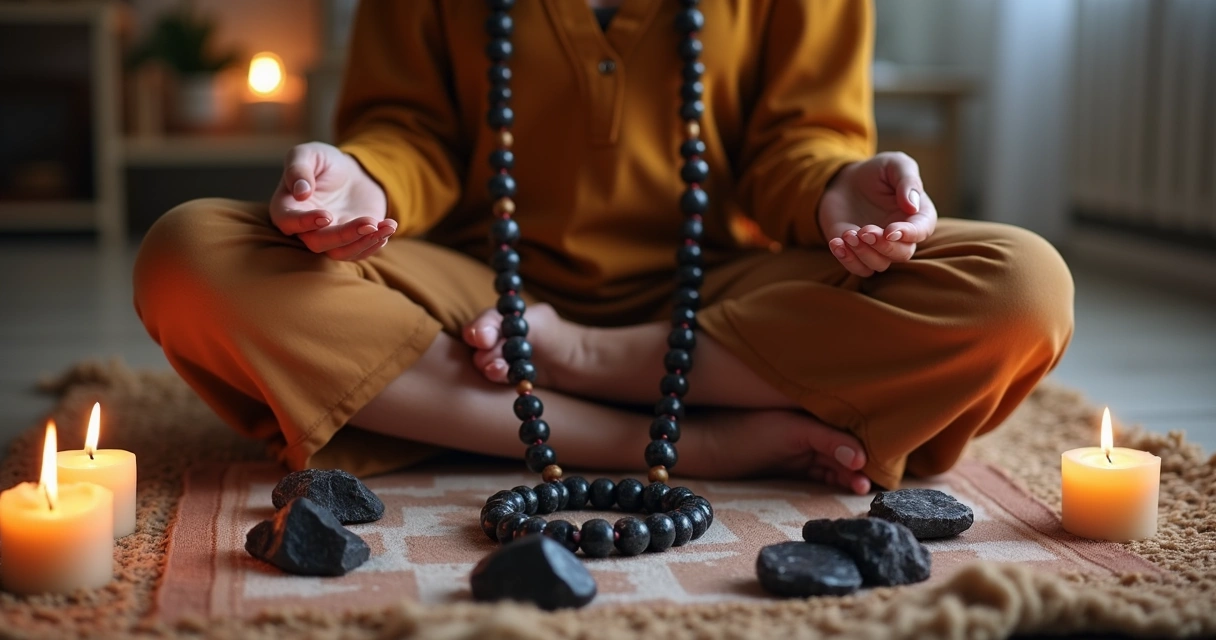 Pessoa usando japamala durante ritual de proteção com incenso e pedras. 