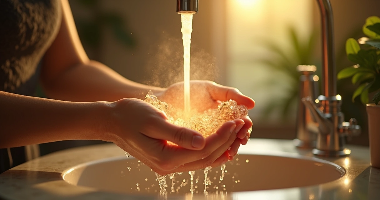 Ritual de lavagem das mãos com fumaça dourada e aura de proteção 