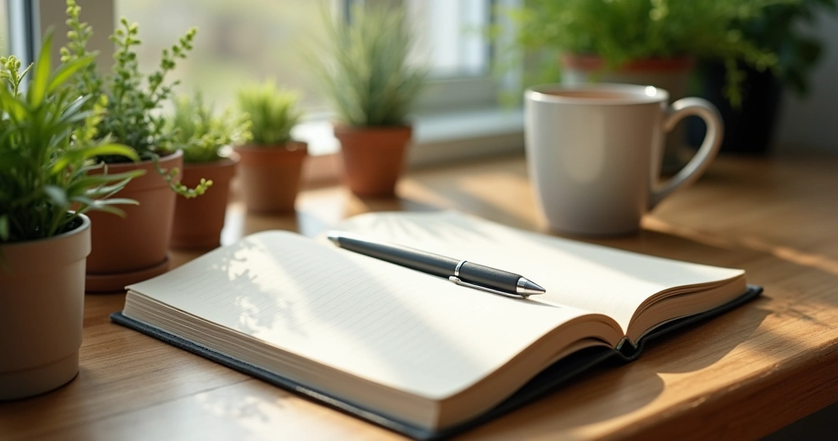 Caderno aberto e caneca em mesa de madeira com plantas ao fundo 