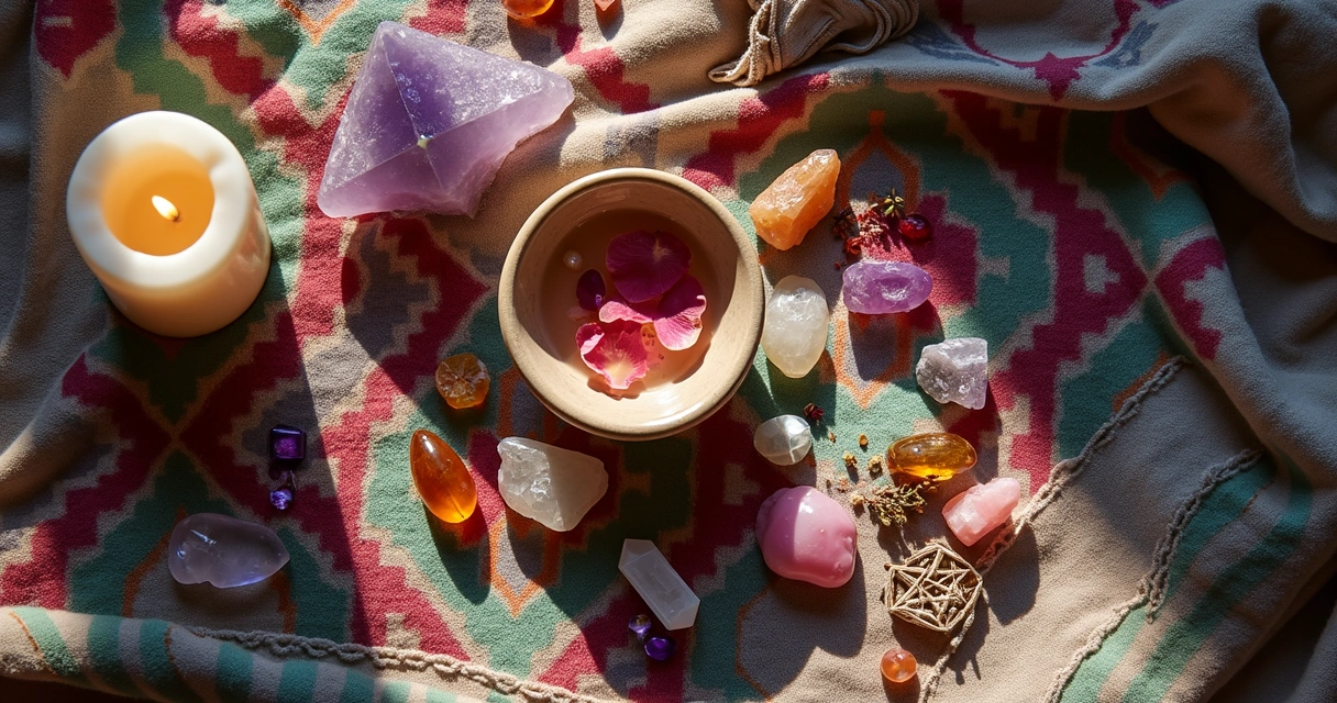 Lenço esotérico colorido, cristais e vela ao lado de água para banho ritualístico 