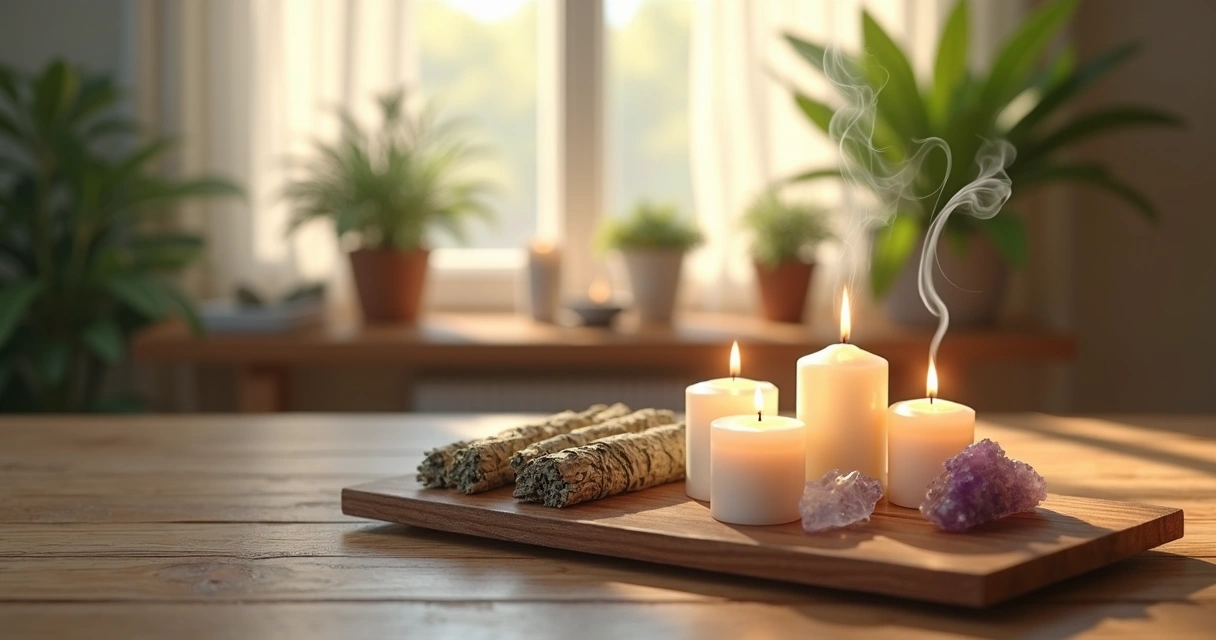 Mesa com objetos para ritual de limpeza energética com incenso, cristais, velas e ervas em ambiente iluminado e calmo 