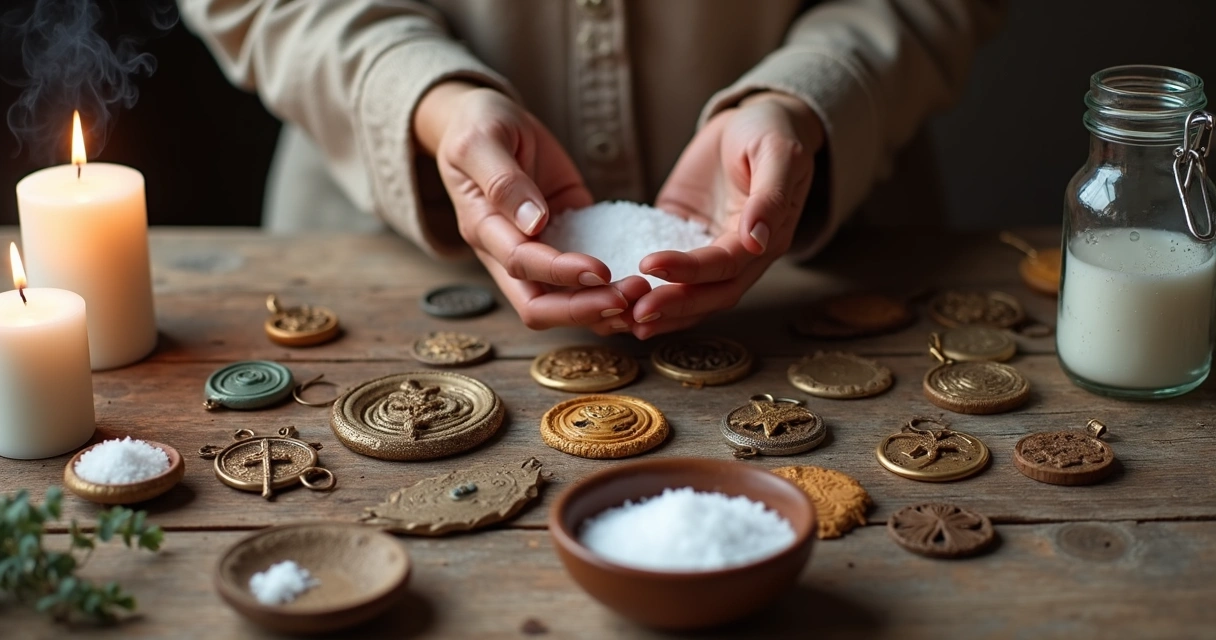 Ritual de limpeza espiritual com amuletos antigos em mesa de madeira 