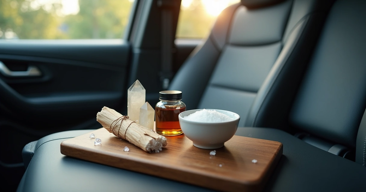 Instrumentos esotéricos sobre o banco de um carro, vista lateral 