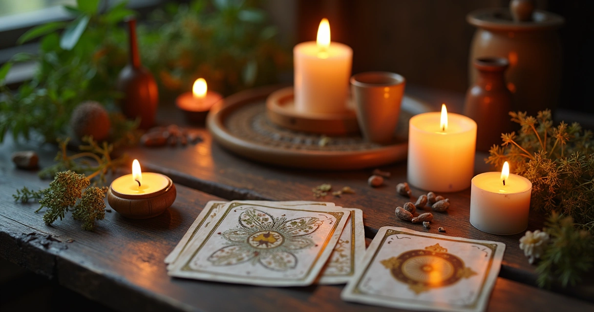 Mesa preparada com velas, ervas e baralho cigano para ritual de limpeza 