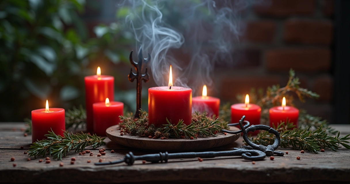 Mesa com velas pretas e vermelhas, ervas e símbolos de Exu em ritual de limpeza 