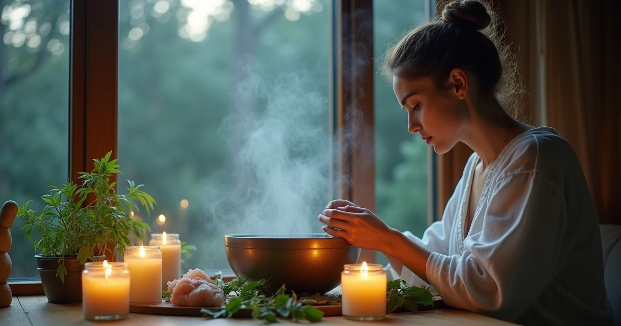 Ritual de banho energético com ervas frescas ao lado de uma janela iluminada pela luz da lua 