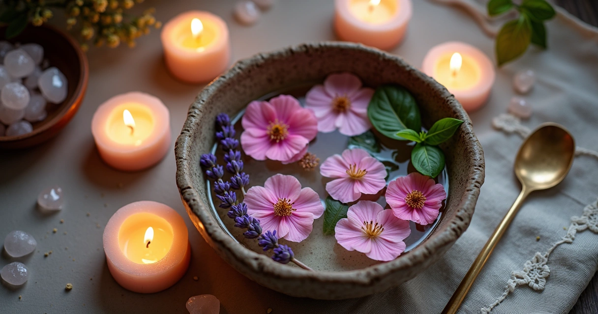 Banho de ervas com pétalas de flores e luz de velas 