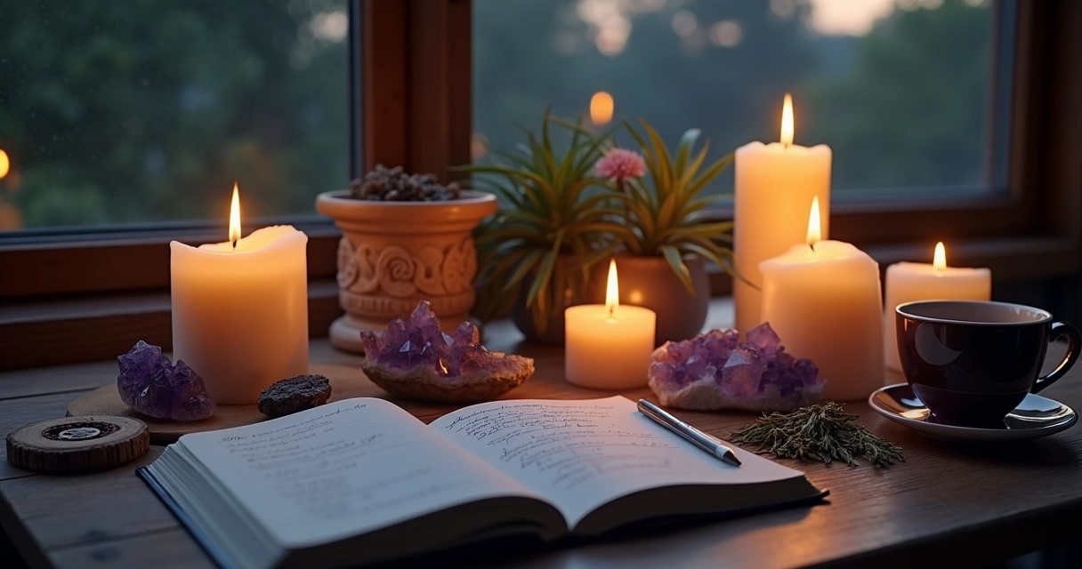 Mesa com velas, cristais e um caderno aberto para anotações de metas profissionais 