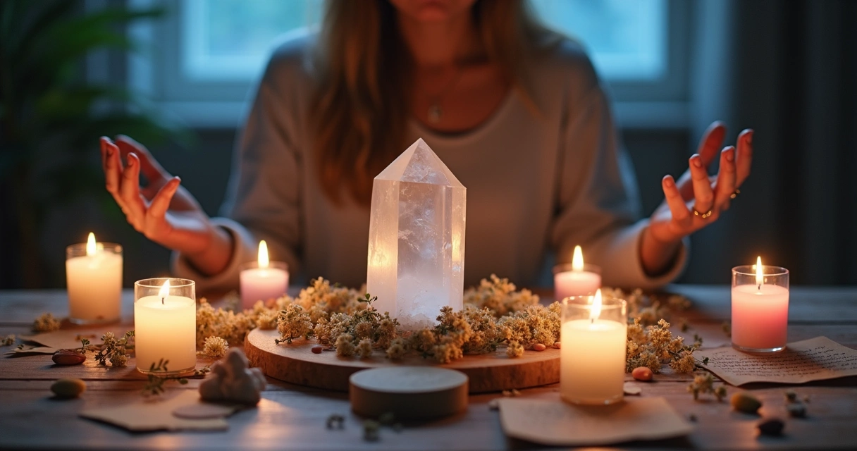 Ritual de lua cheia com velas, cristal e flores 