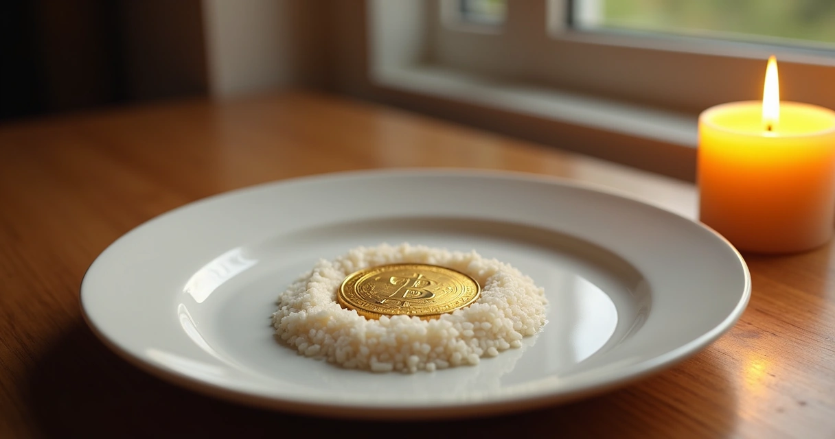 Prato branco com moeda, arroz e vela amarela de ritual para prosperidade 