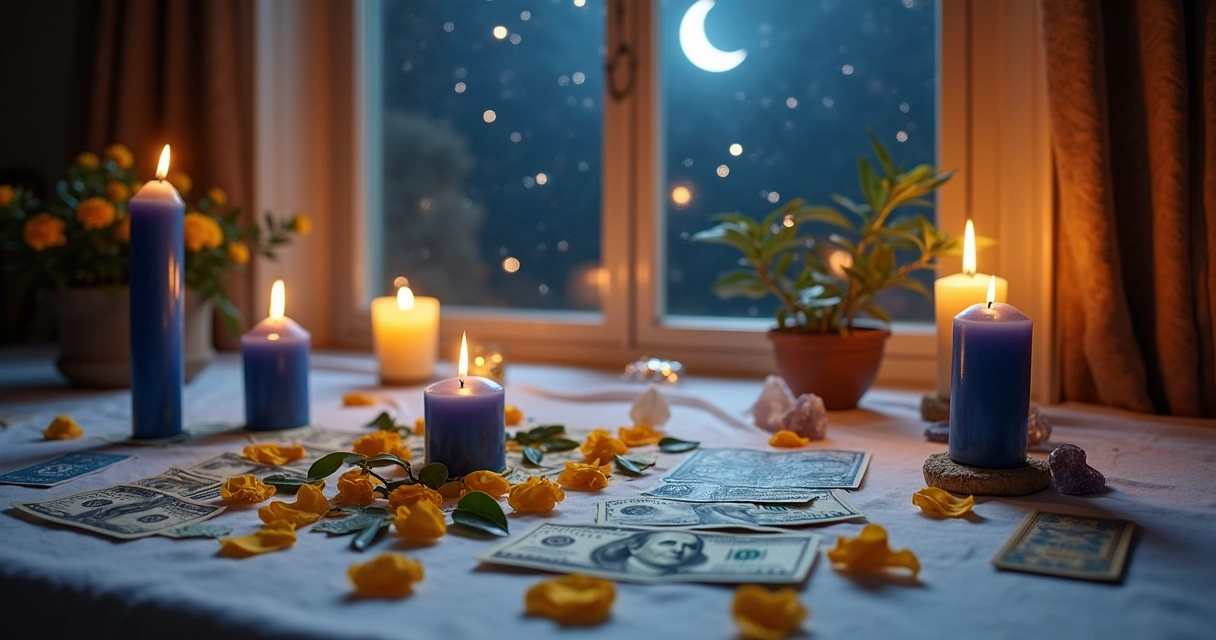Altar com velas azuis, pétalas de rosa amarela, notas de dinheiro e folhas de louro desidratado 