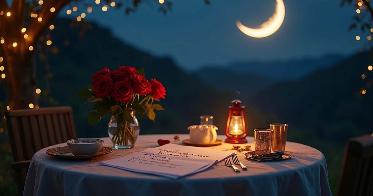 Mesa com ingredientes de simpatia e Lua Crescente ao fundo 