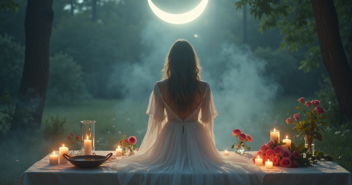 Mulher realizando ritual de simpatia sob a luz da lua crescente 