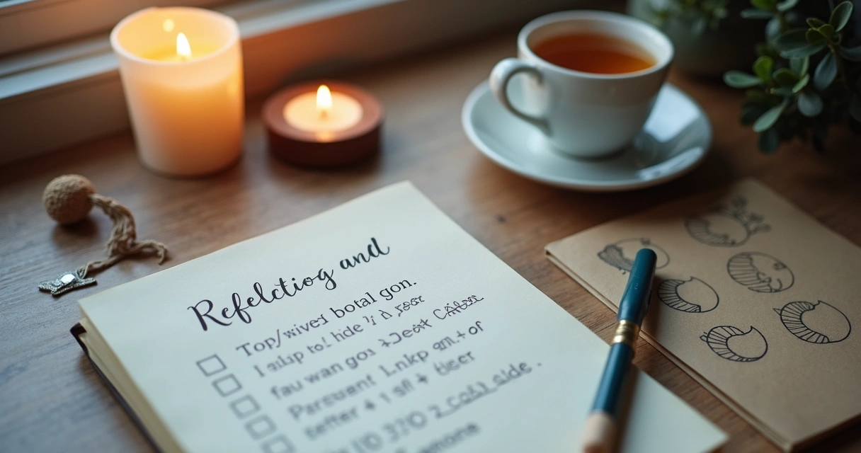 Mesa com caderno, vela e lista de revisão na lua minguante 