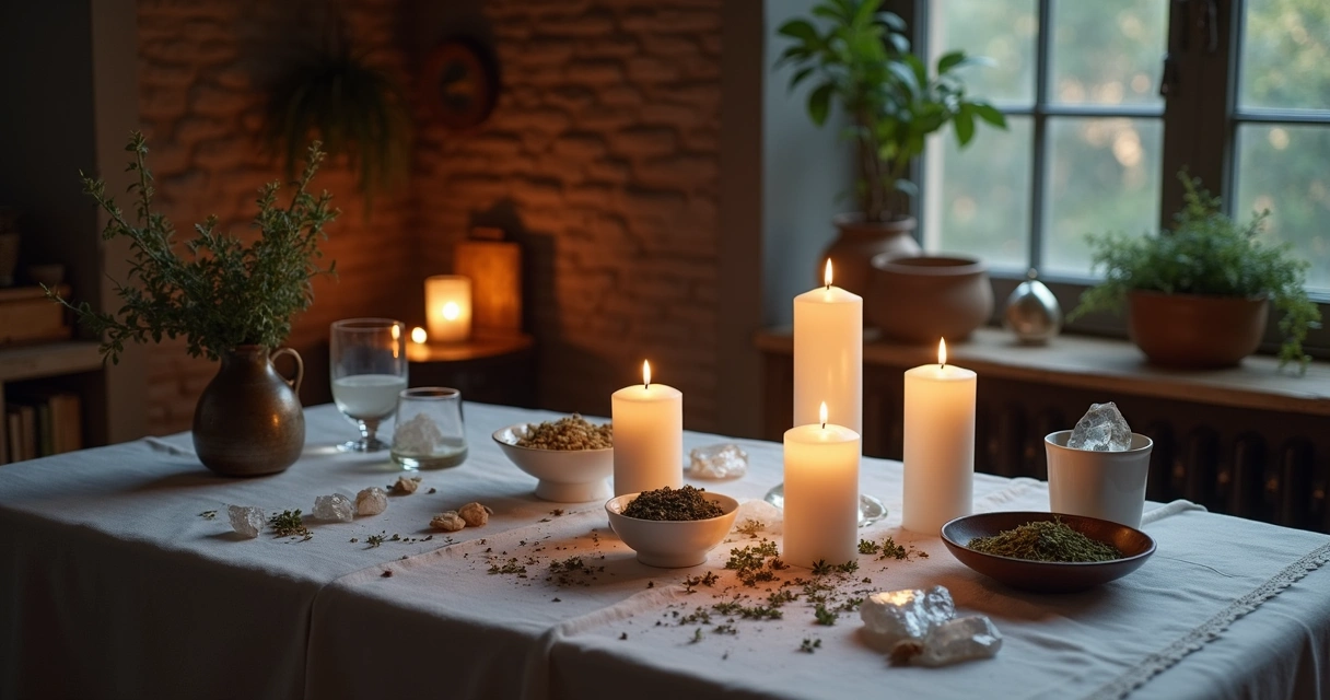 Altar preparado com velas, cristais e ervas sobre uma toalha clara, ambientado à noite