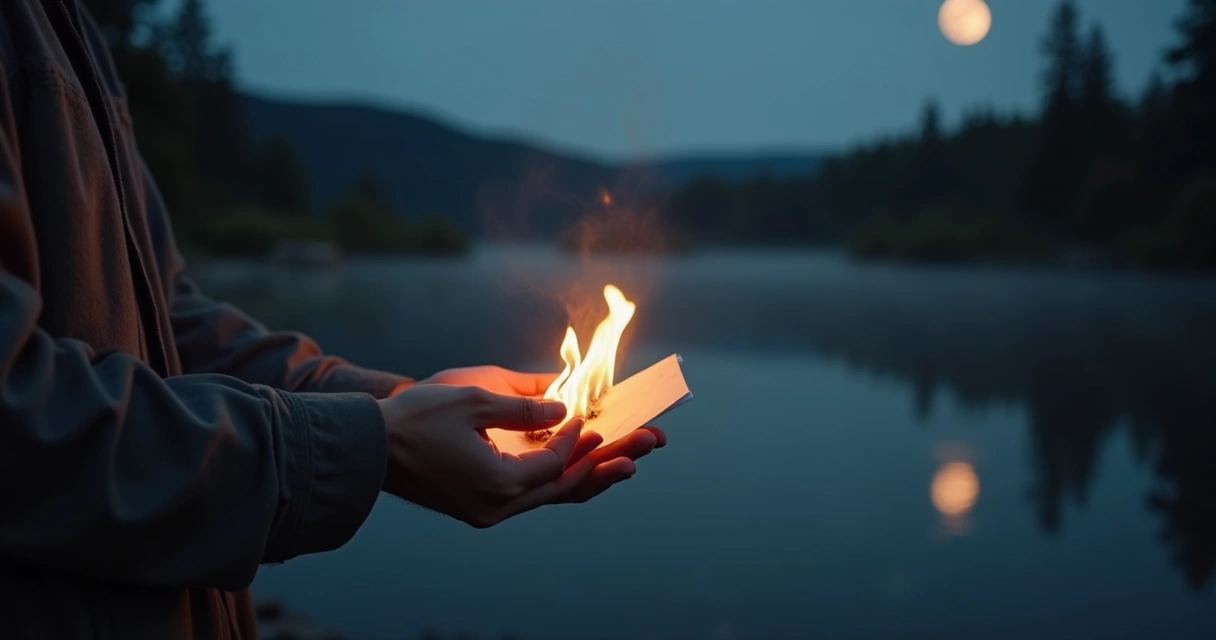 Pessoa queima papel em ritual de liberação de metas sob lua minguante